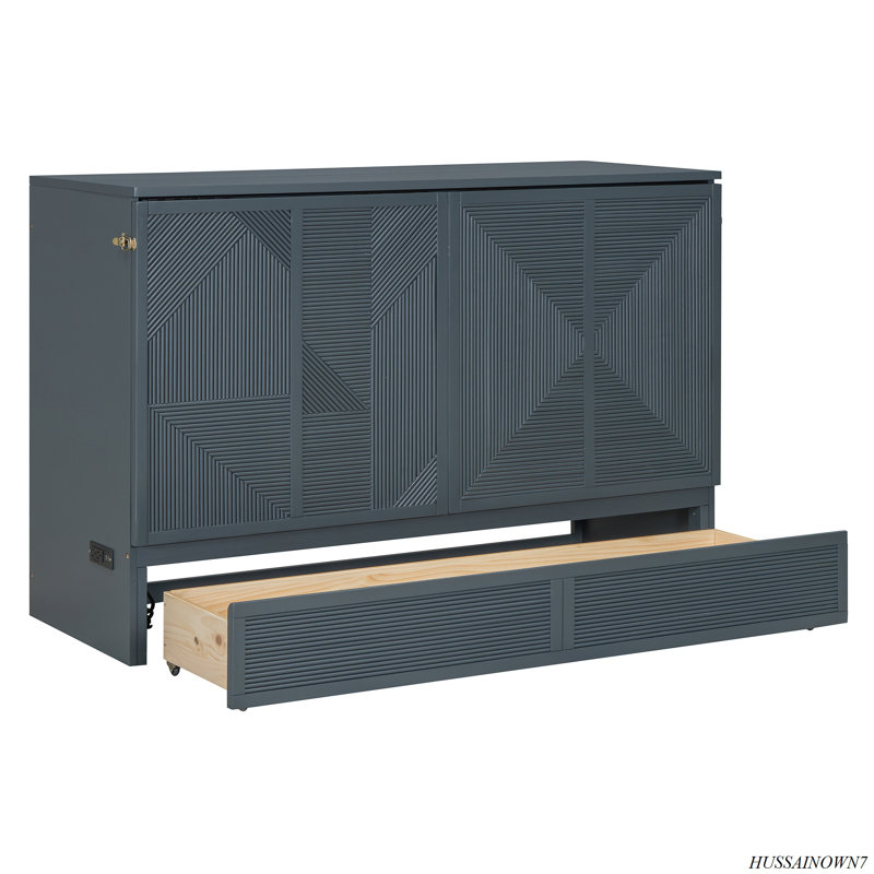Lit escamotable avec grand tiroir, ports USB et prises USB, Gris, Grand