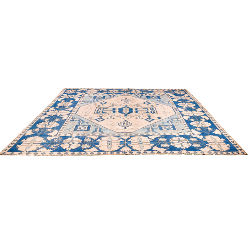 Tapis rétro de style tribal anatolien bleu et ivoire rétro fait à la main 13 x 15 po
