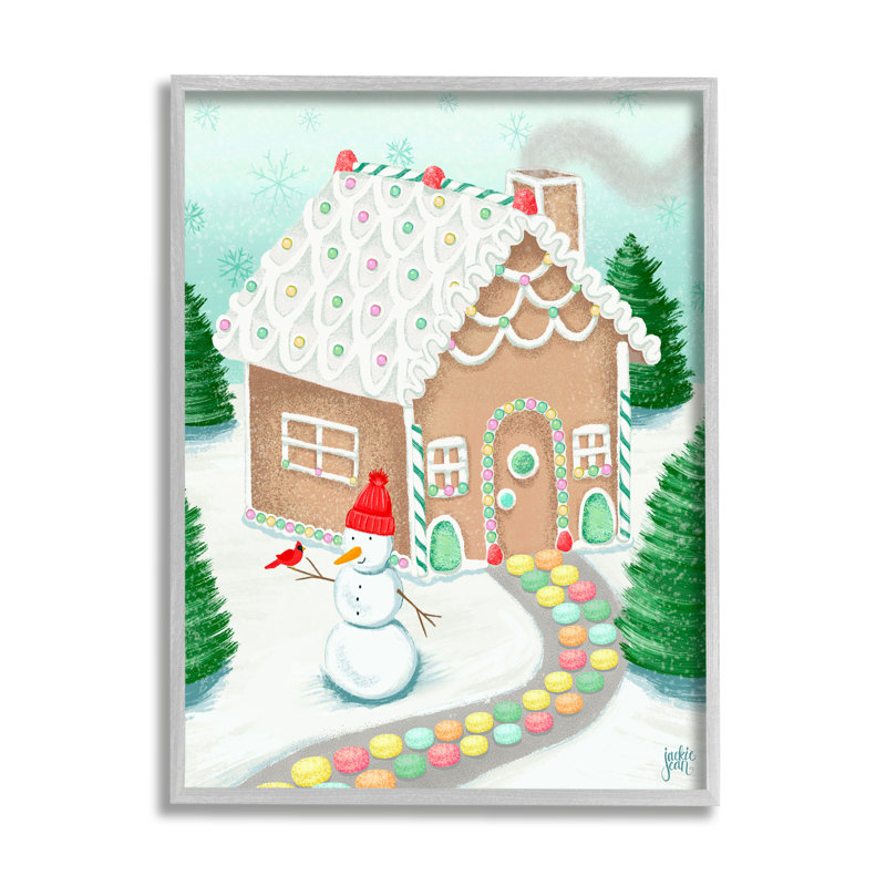 «Playful Gingerbread House Christmas Landscape» Happy Snowman, Estampe numérique Farmhouse, H 30 po x l 24 po