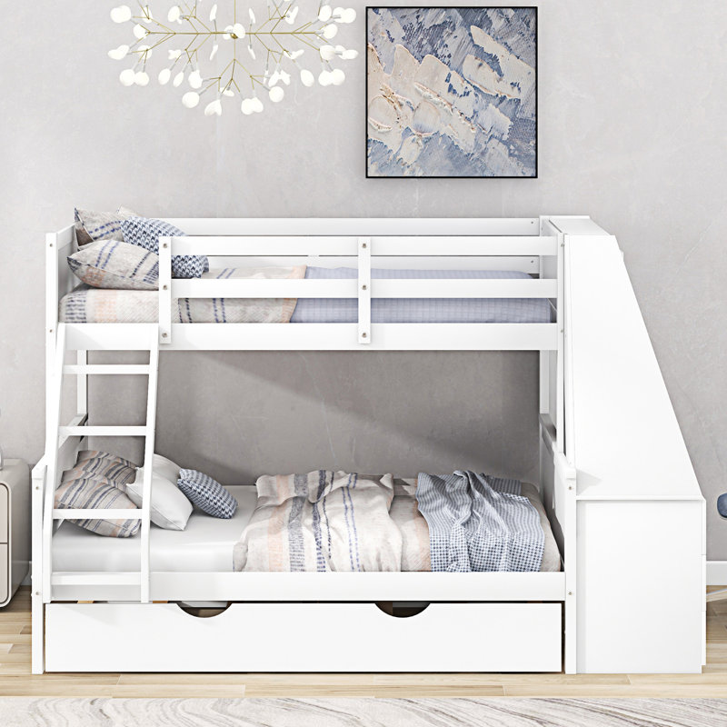Lit superposé avec lit gigogne et bureau intégré, Blanc