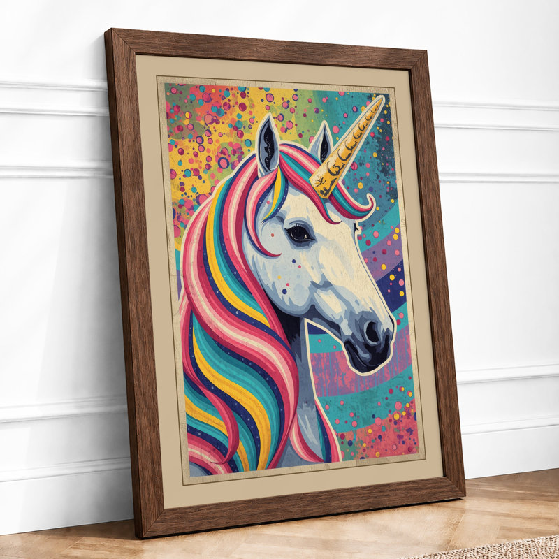 Rainbow Unicorn Dreams Modern - Framed Print, A2 - 59.4 x 42.0 cm, Walnut
