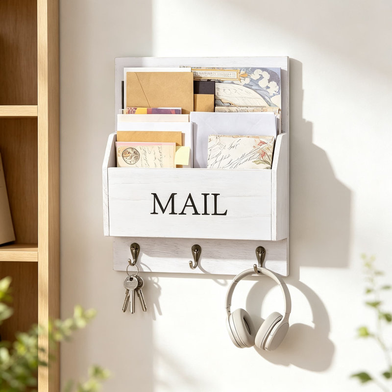 Organisateur de courrier mural avec porte-clés, trieur de courrier décoratif en bois avec crochets pour entrée, couloir, cuisine, salon