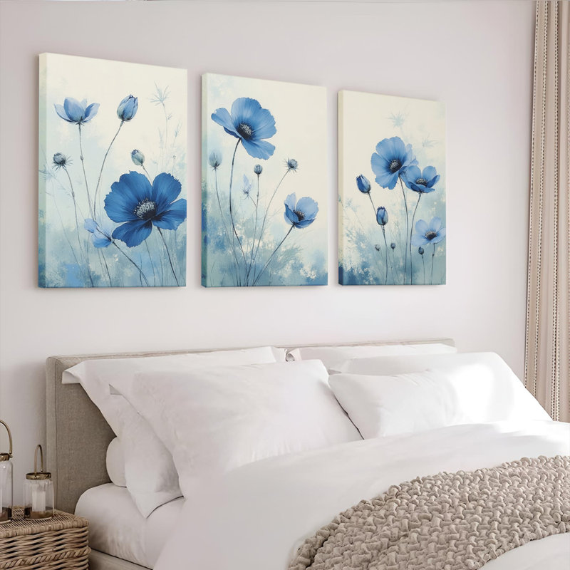 Tableau mural sur toile à motif floral de coquelicots bleus (paquet de 3), H 36 po x l 72 po