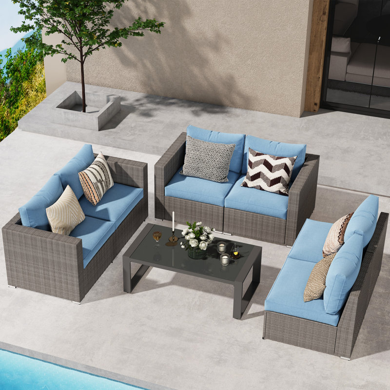Patio Sectional Sofa Set With Coffee Table, 7 Pcs: Table, 2 Loveseats, 2 Chairs