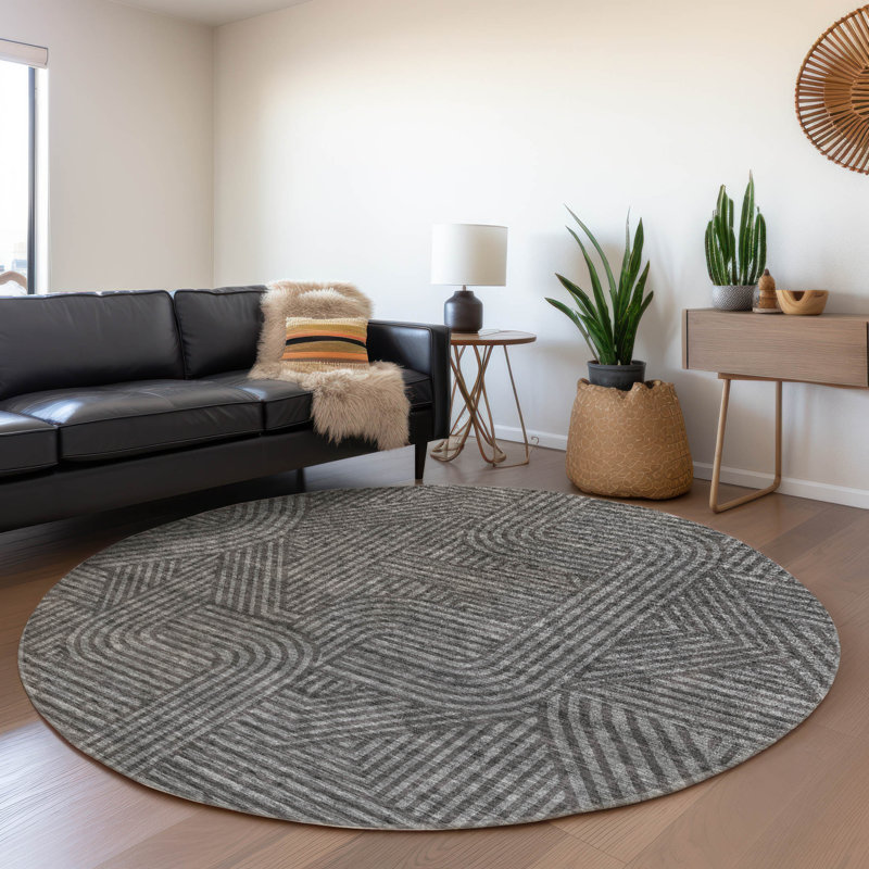 Premium Machine Washable Prisco Charcoal Rug, Round 8'