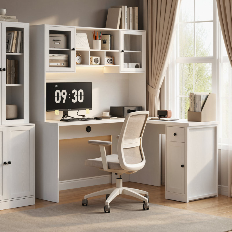 Bureau en coin 71 po avec DEL, bureau d'ordinateur blanc avec tiroirs, bureau en L réversible avec huche et armoire de rangement, bureau de bricolage pour petits espaces