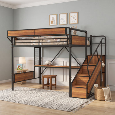 Lit mezzanine avec bureau intégré, prise de courant, éclairage DEL et garde-robe ouverte
