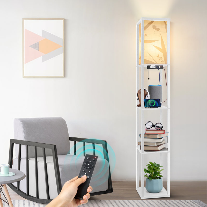 Jarold 63.7" Column Dimmable Floor Lamp with Shelves & Remote Control & USB Charging Station, White