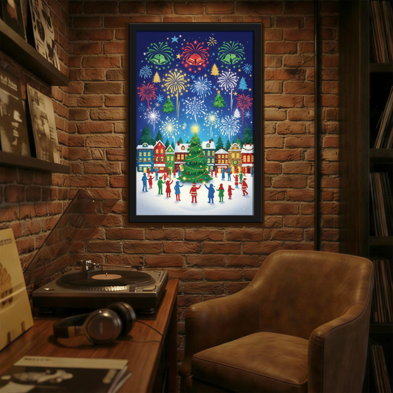 Ville de Noël avec feux d'artifice et personnes, H 30 po x l 20 po