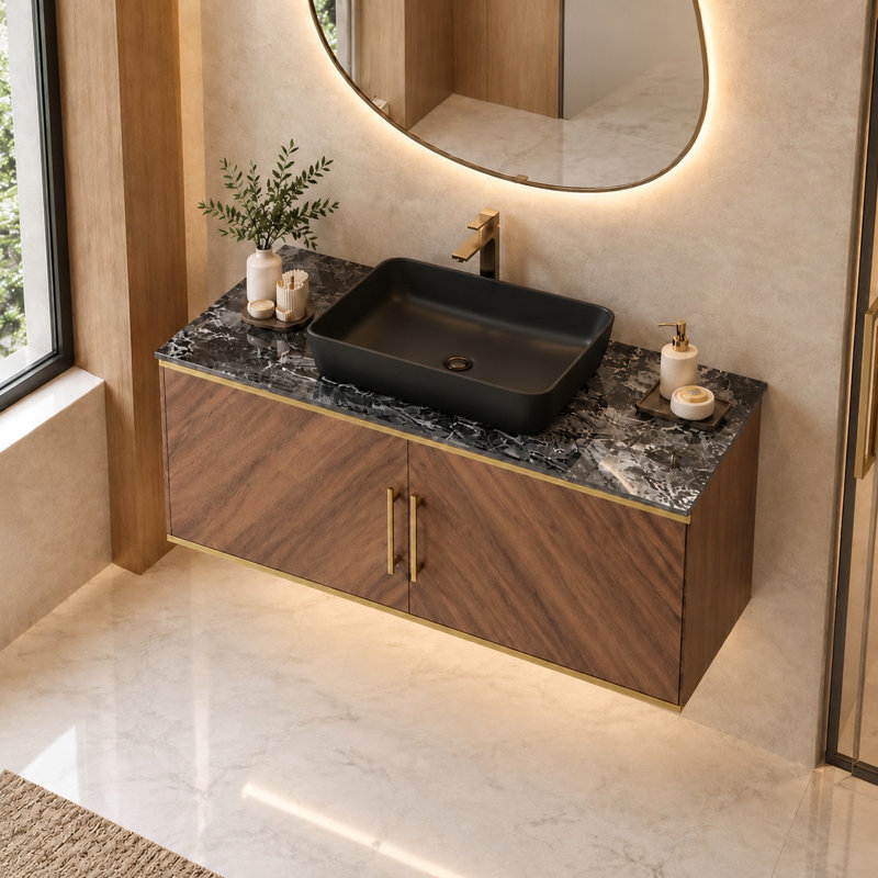 Meuble-lavabo flottant en noyer, plateau en pierre frittée avec vasque noire