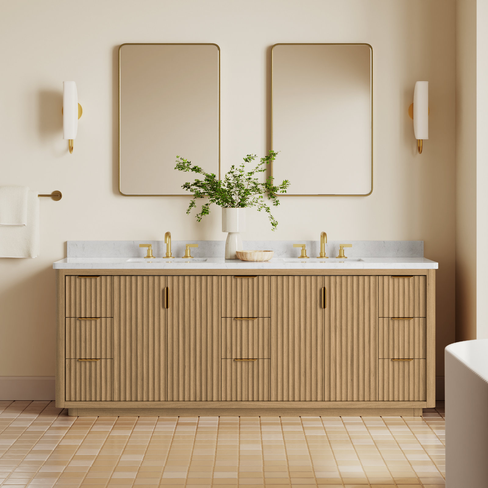 Adela 84'' Double Bathroom Vanity, White, Gold, Brown