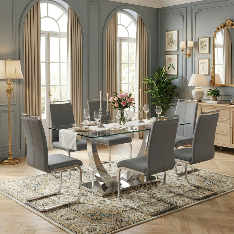 Modern 63" Rectangular Tempered Glass Dining Set with Faux Leather Cantilever Chairs, Gray, 7 Pieces: Table, 6 Chairs