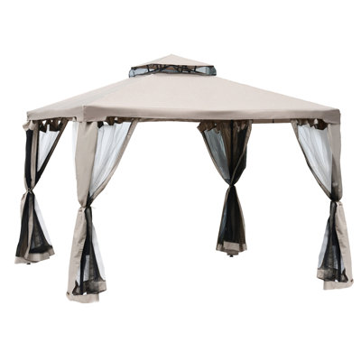 9.6' X Gazebo, 2 Roof Canopy With Netting. Steel Construction For Garden, Lawn, Backyard, Deck. Taupe, -Protective, Spacious & Windproof Patio Gazebo 9.6', Netting, Construction, -Blocking Garden