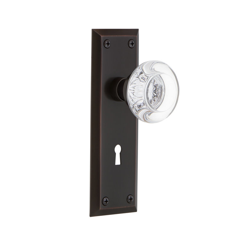 Crystal Round Interior Mortise Door Knob with New York Long Plate, Timeless Bronze