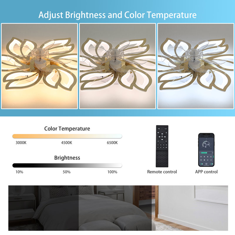  Angstrom 25" 7 - Blade Reversible Dimmable LED Flush Mount Ceiling Fan With Remote Control And App, Gold