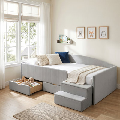 Velvet Upholstered Bed with Stair and Storage Drawers