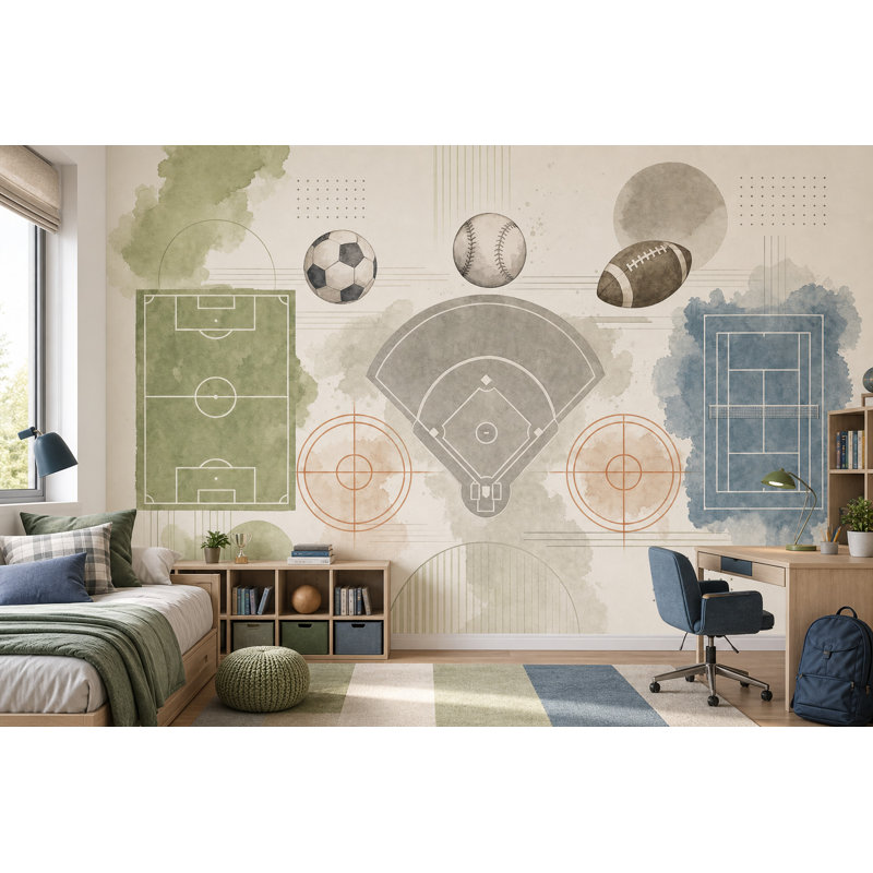 Aquarelle, papier peint texturé, sports, panneau mural, 140 po x 108 po, Peler et coller