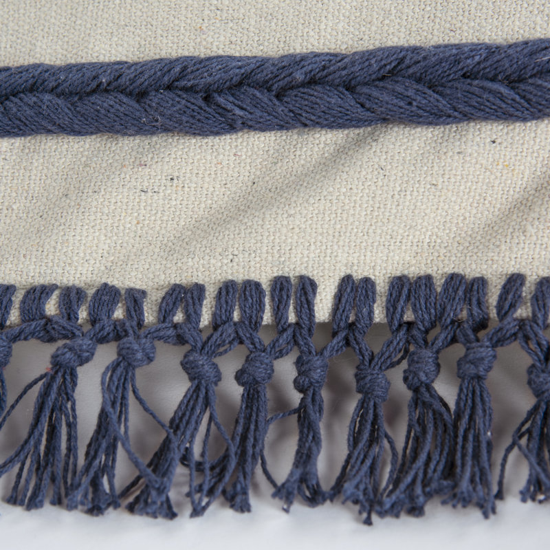 Blue Woven Cotton Rectangular Throw Pillow with Macrame Fringe