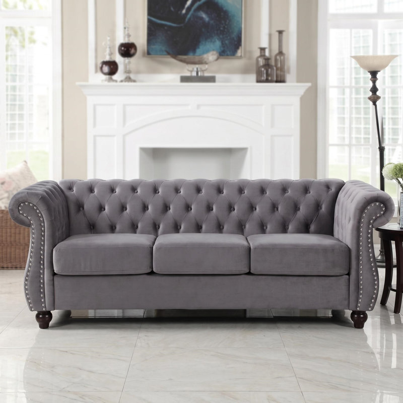 Canapé 3 places Chesterfield, L 80,31 po, Velours gris velours