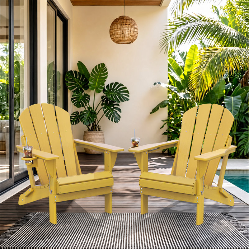 Chaise de foyer d'extérieur pliable en PEHD Adirondack, Lemon Yellow, 2