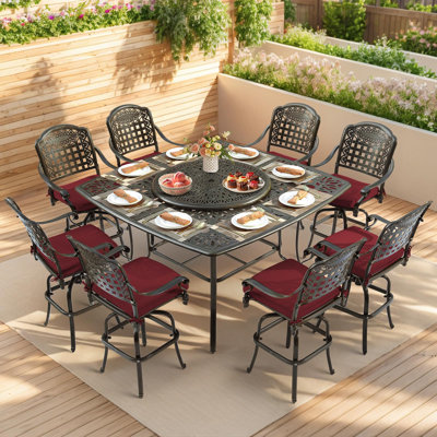 Ensemble de salle à manger d'extérieur de 10 pièces pour terrasse, ensemble de table et chaises de bar en aluminium coulé antirouille, comprenant 8 tabourets de bar pivotants et table de salle à manger à hauteur de bar de 63,98 po avec paresseux de 
