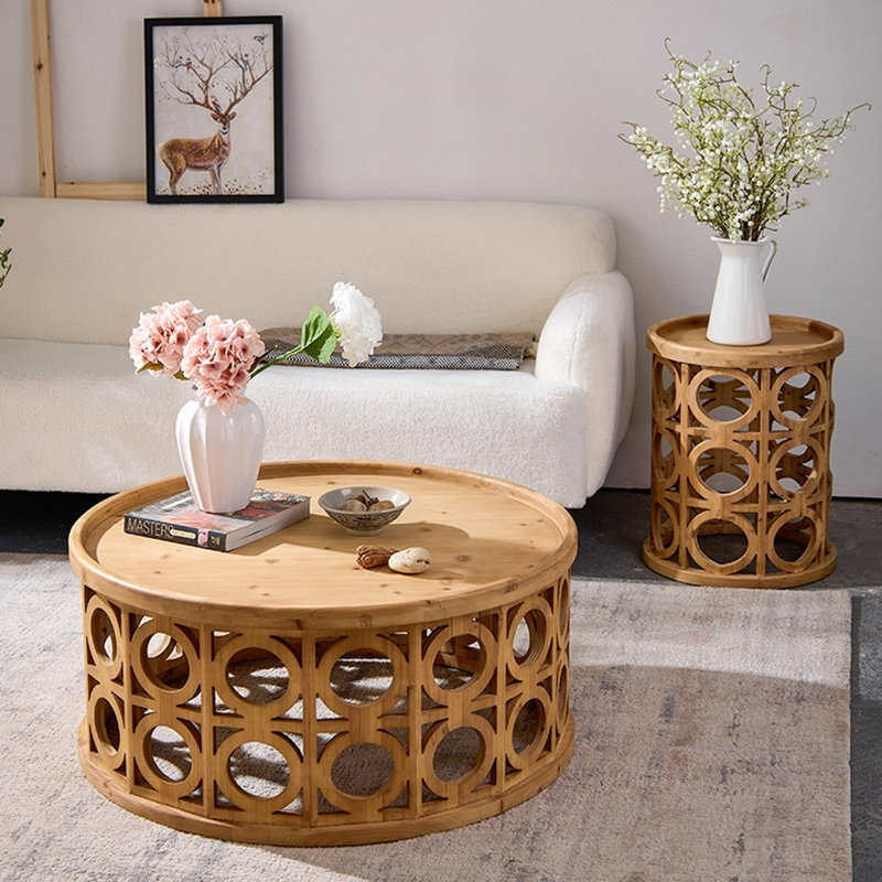 Ensemble de tables basses rondes en bois massif rétro Burlywood