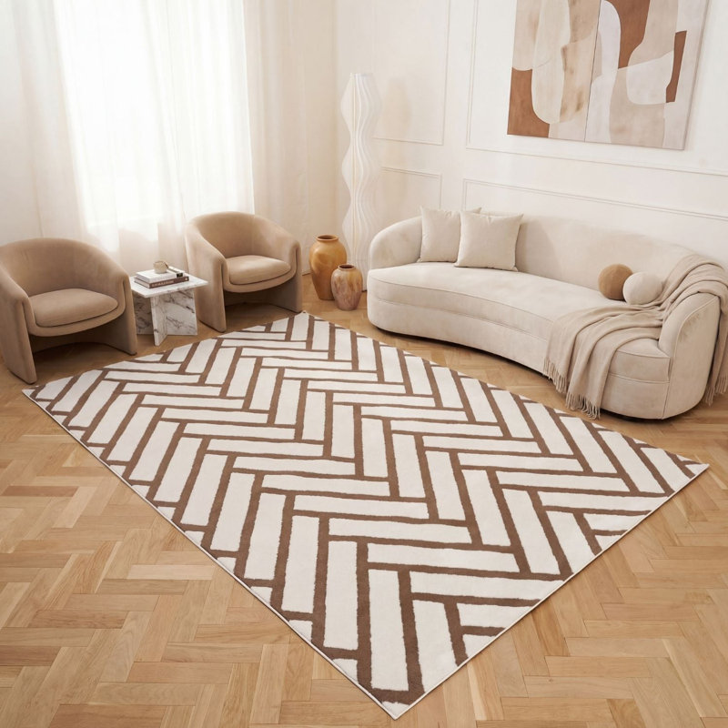 Loft Modern Chevron Living Room Area Rug and Runner Soft Pile, Rectangle 200 x 290 cm, Brown/Ivory