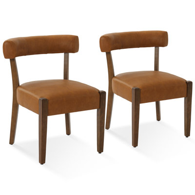 Mid-Century Modern Dining Chairs Brown Faux Leather Upholstered Wood Frame Kitchen Chairs