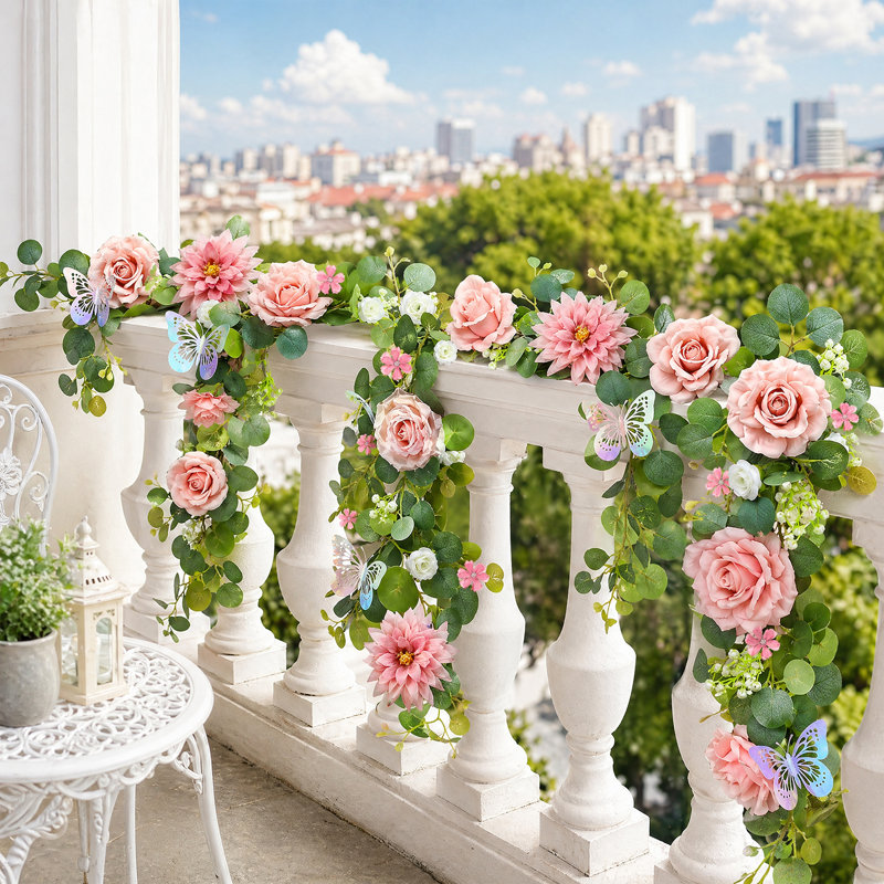 Guirlande artificielle de 2 eucalyptus et roses avec papillons argentés 3D – Vigne florale réaliste en soie et plastique – Arche de mariage, décoration intérieure, centre de table – Rose, 180 cm