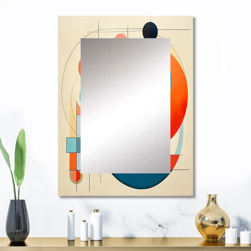 Serendipity abstrait Mid-Century Geometrics IV - miroir moderne de style Mid-Century, miroir mural bleu unique, impression d'art en métal