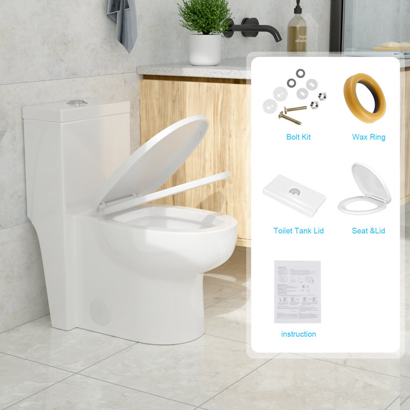 One-Piece Elongated Comfort Height Toilet, Dual Flush 1.1/1.6 GPF, Soft Close Seat, Non-Splash Siphon Flush, White Ceramic Bathroom Toilet with Installation Kit