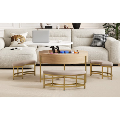 Modern Round Lift - Top Coffee Table With Storage And Three Matching Ottomans, 3 Legs Base, Space Saving Design White & Natural Seating, Metal Construction For Strength