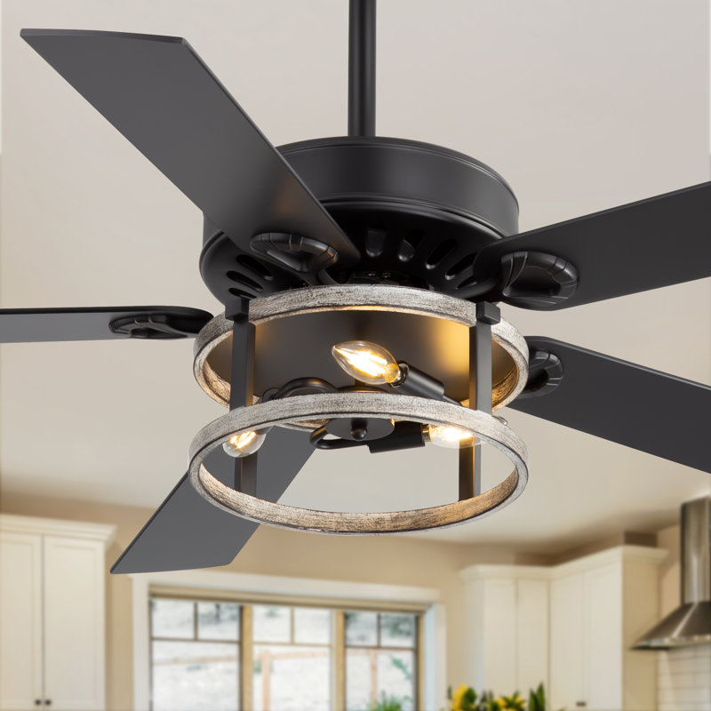 52 Inch Ceiling Fan With Light, Industrial Farmhouse Ceiling Fan With 5 Blades, Black Metal Cage, Rustic Wood Finish, Remote Control, Reversible Motor For Bedroom Living Room Dining Room