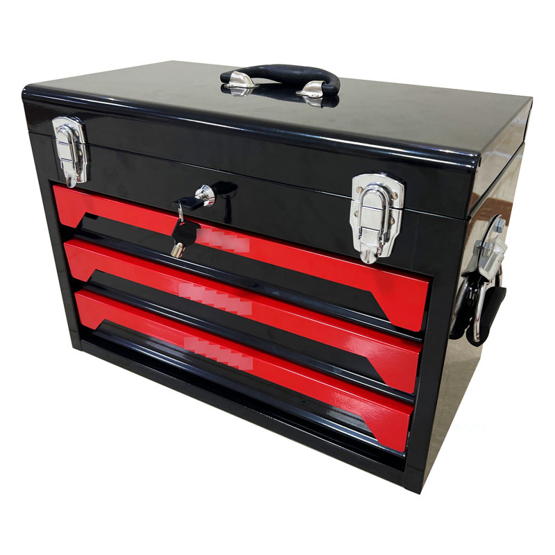 Boîte à outils portative 20 po 3 en acier avec outils, noir et rouge, usure, métal, plateau de rangement supérieur, poignée de transport, pour le garage, la maison, trousse d'outils de la zone de travail, noir et rouge, qualité de fabrication robuste, poignée de transport