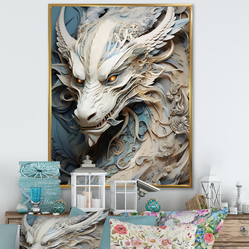 «Epic Blue and Grey Dragon Odyssey I», reproduction encadrée, H 20 po x l 12 po x P 1 po, Cadre flottant doré