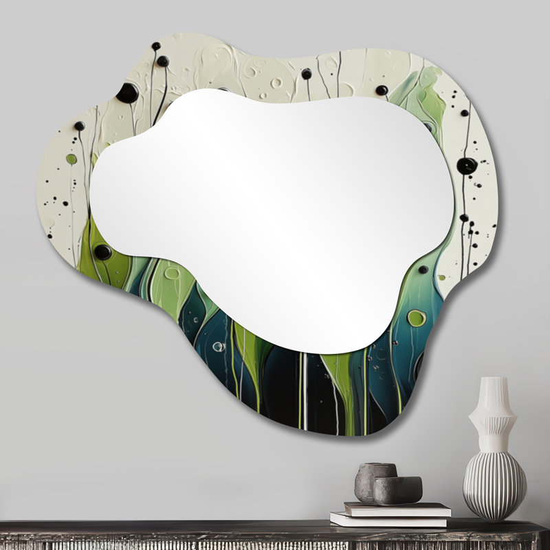 Rhythmic Drizzle Of Nature Liquid Dreams I - Drip Painting Irregular Asymmetrical Mirror, Modern Wall Mirror, Printed on Metal