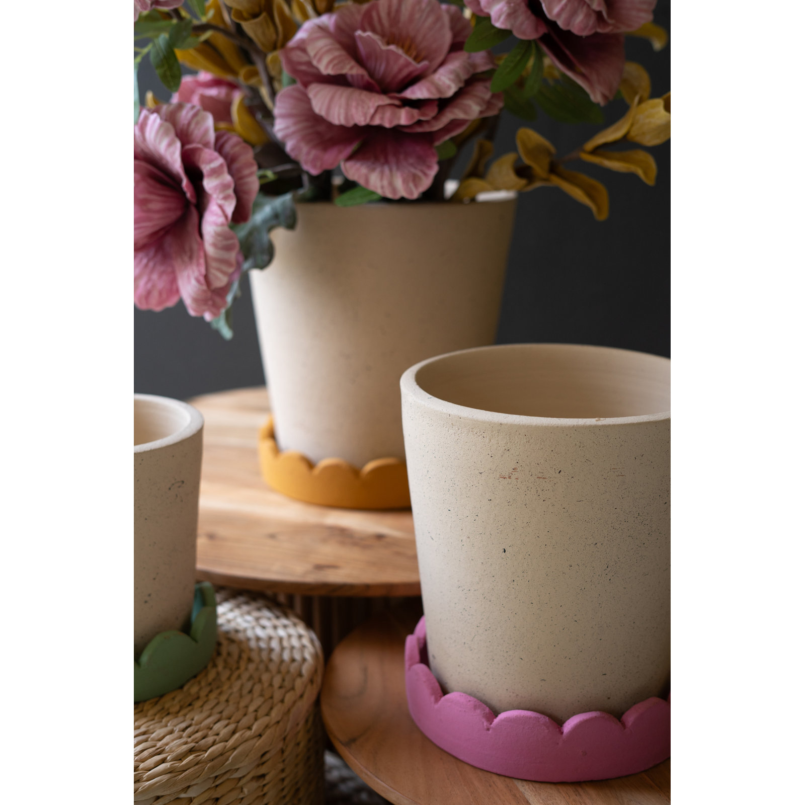 SET OF THREE SCALLOPED TERRACOTTA PLANTERS
