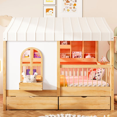 Natural Full Size House Bed With Led - Lit Bookshelf, 2 Under Drawers, High Guardrails For Safe Rest, And Built In Charging, For Bedtime Stories Nightly Relaxation