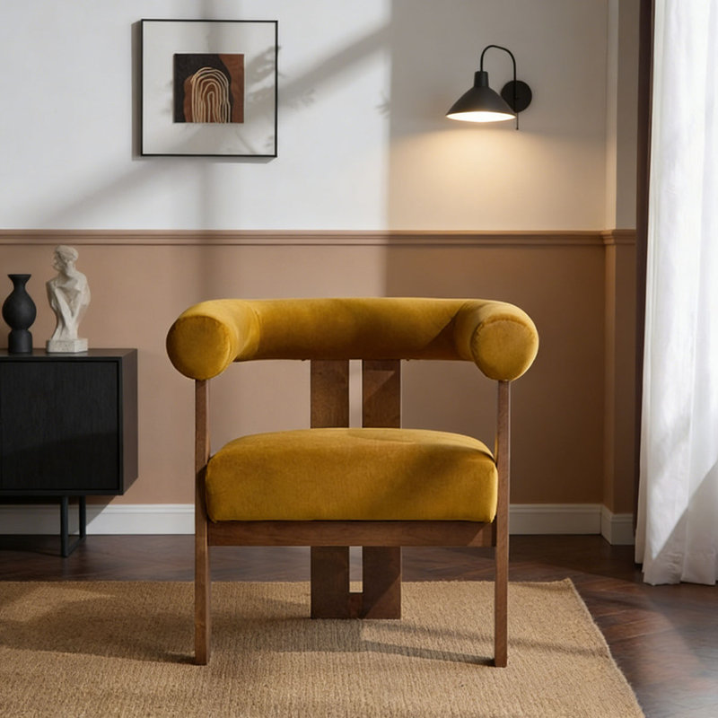 Chaise d'appoint moderne rembourrée avec accoudoirs ronds, Mustard yellow