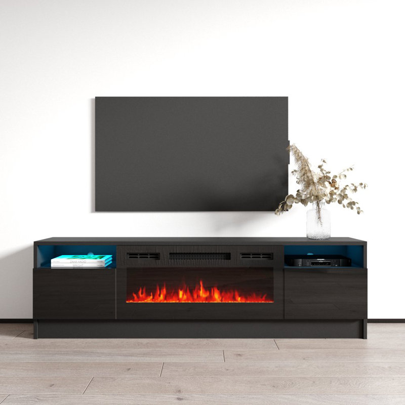 63" Modern TV Stand with Electric Fireplace, High Gloss Finish, Media Storage, Black
