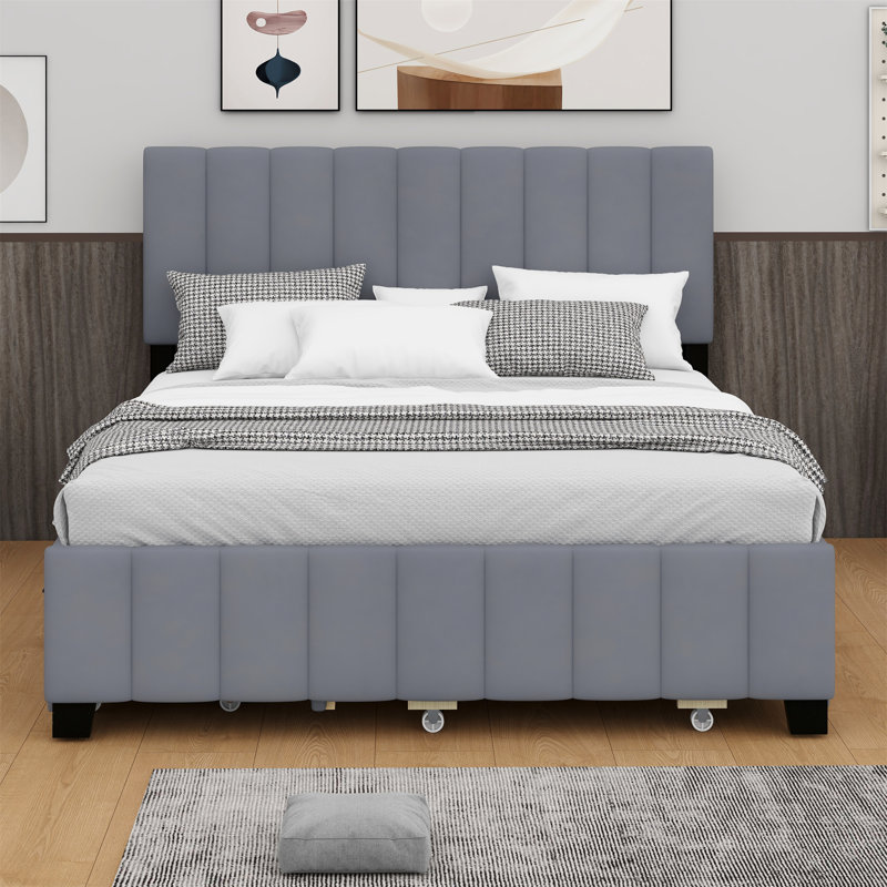 Upholstered Panel Storage Bed, Gray