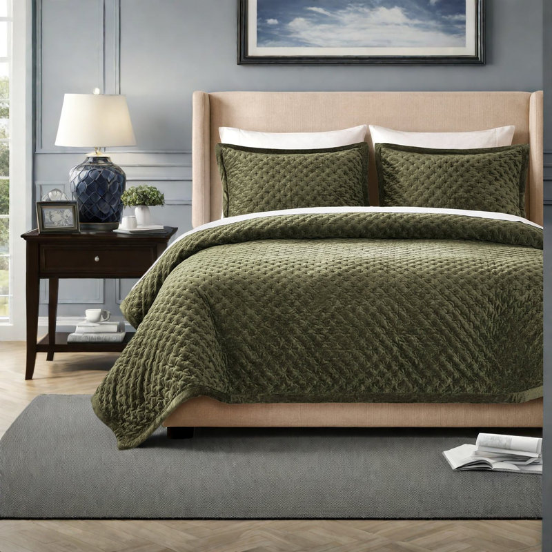 De literie en velours pour très grand lit, ensemble de couvre-lit matelassé vert pour la chambre à coucher