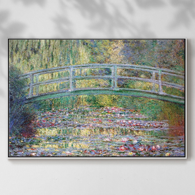 Le pont japonais (l'eau encadrée sur toile), H 27 po x l 41 po x P 2 po, Blanc