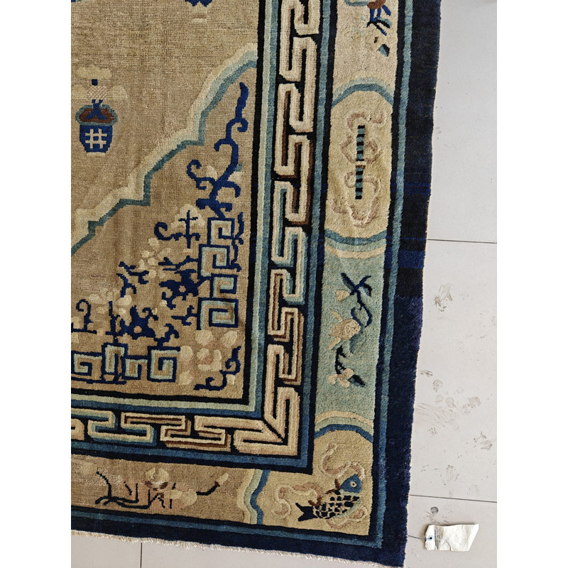 Antique Square Room Size Ivory and Blue Chinese Ningxia Rug