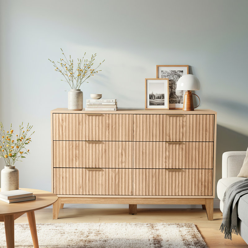 6 - Drawer 47.2" W Double Dresser, Fluted Design Wood Wide Chest, Beige