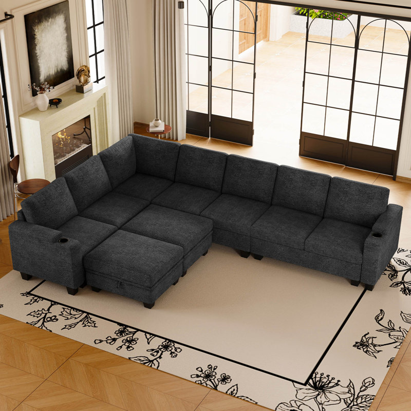 Canapé d'angle modulaire en chenille en forme de U avec 2 poufs de rangement et porte-gobelets intégrés aux accoudoirs