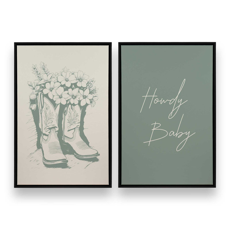 Ensemble de 2 bottes de cowboy sauge en fleurs, H 18 po x l 26 po, Cadre flottant noir satiné