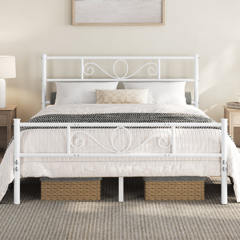 Metal Bed Frame with Headboard/Under-Bed Storage, Double (4'6), White