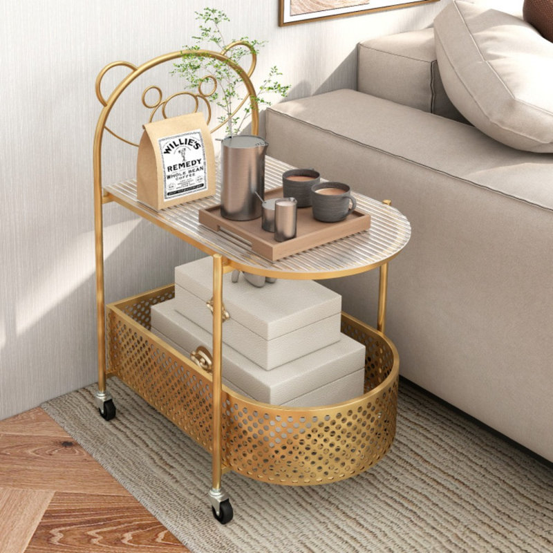 Table de bout mobile à 2 niveaux en verre avec motif d'ours, Doré