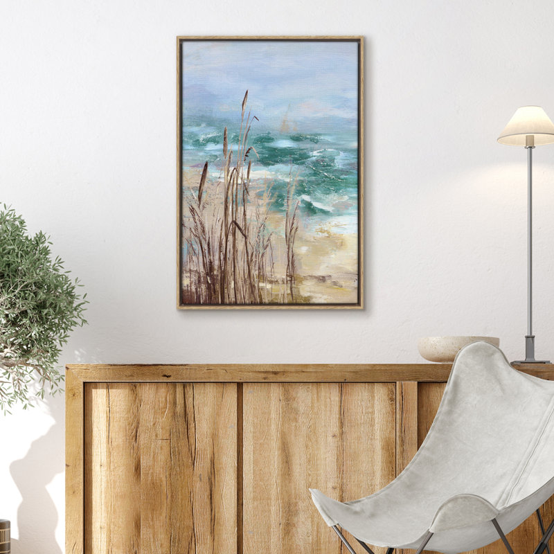Art mural sur toile 16 x 24 avec sable, océan, ciel et herbes hautes avec des accents peints à la main - art mural plage côtière